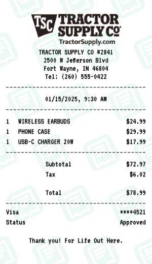 Tractor Supply Co Receipt Example - Electronics Purchase