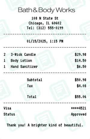 Bath & Body Works receipt preview - click to customize