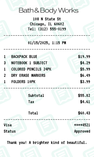 Bath & Body Works Receipt Example - Back to School