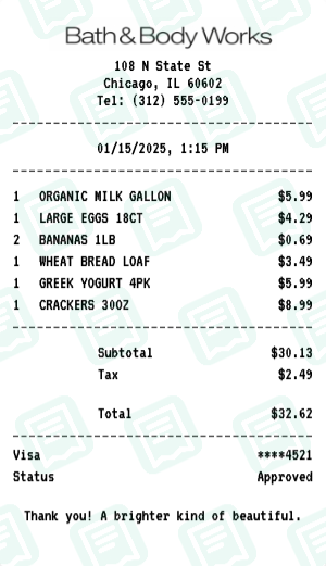 Bath & Body Works Receipt Example - Weekly Grocery Run