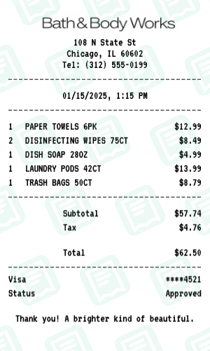 Bath & Body Works Receipt Example - Household Essentials