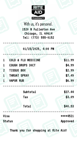 Rite Aid Receipt Example - Cold & Flu Supplies