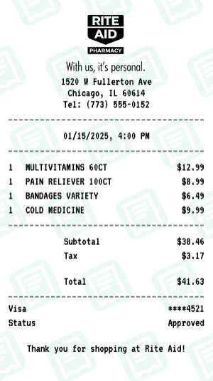 Rite Aid Receipt Example - Health Essentials
