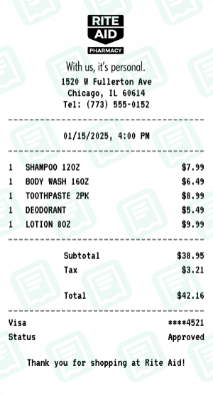 Rite Aid Receipt Example - Personal Care Run