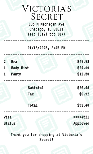 Victoria's Secret receipt preview - click to customize