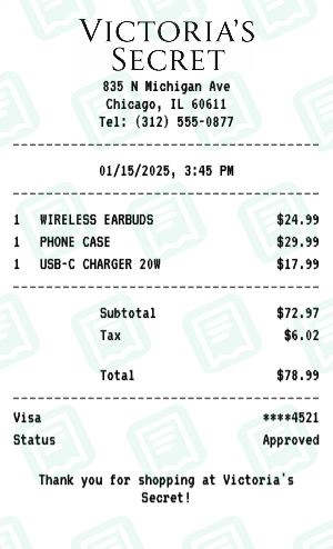 Victoria's Secret Receipt Example - Electronics Purchase