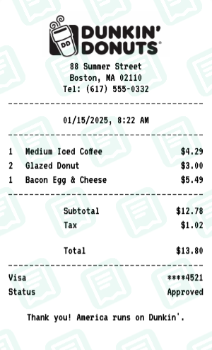 Dunkin' Donuts receipt preview - click to customize