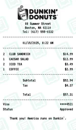 Dunkin' Donuts Receipt Example - Business Lunch
