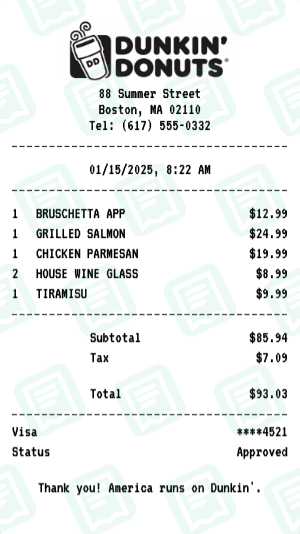 Dunkin' Donuts Receipt Example - Dinner for Two