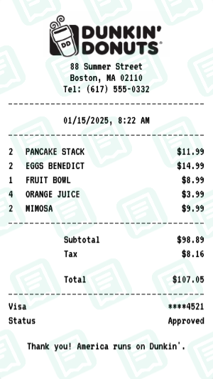 Dunkin' Donuts Receipt Example - Family Brunch