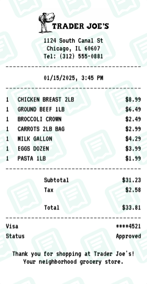 Trader Joe's Receipt Example - Weekly Grocery Trip