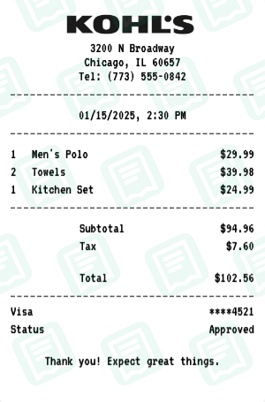 Kohl's receipt preview - click to customize
