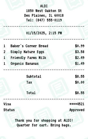 ALDI receipt preview - click to customize