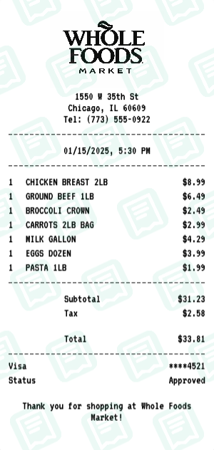 Whole Foods Market Receipt Example - Weekly Grocery Trip