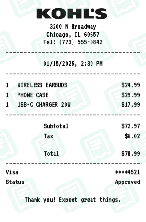 Kohl's Receipt Example - Electronics Purchase