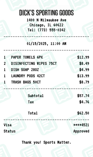 Dick's Sporting Goods receipt preview - click to customize