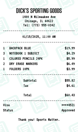 Dick's Sporting Goods Receipt Example - Back to School
