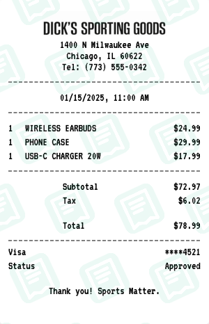 Dick's Sporting Goods Receipt Example - Electronics Purchase