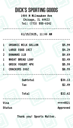 Dick's Sporting Goods Receipt Example - Weekly Grocery Run