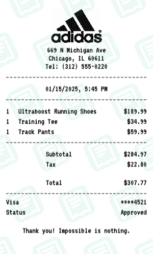 Adidas receipt preview - click to customize