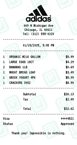 Adidas Receipt Example - Weekly Grocery Run