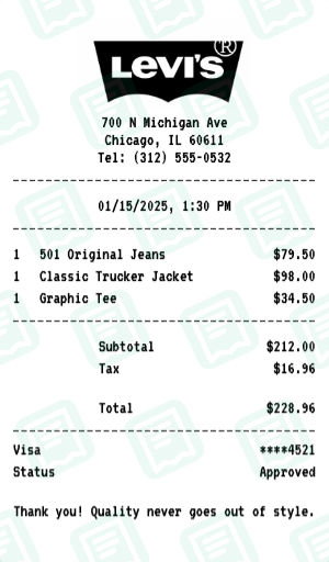 Levi's receipt preview - click to customize