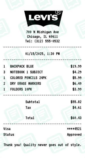 Levi's Receipt Example - Back to School