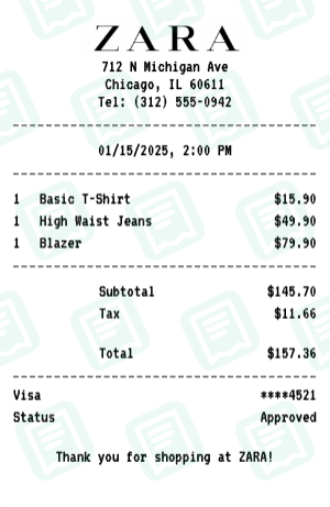 ZARA receipt preview - click to customize