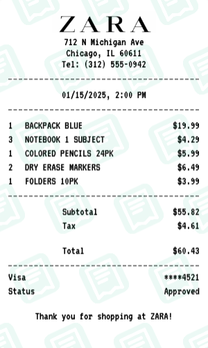 ZARA Receipt Example - Back to School