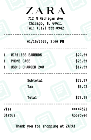 ZARA Receipt Example - Electronics Purchase