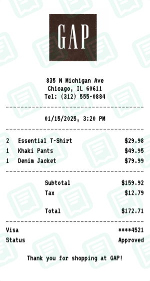 GAP receipt preview - click to customize