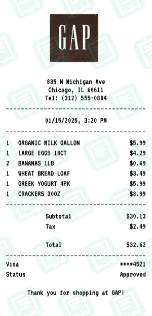 GAP Receipt Example - Weekly Grocery Run