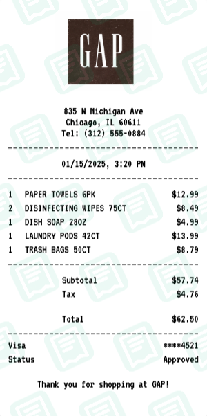 GAP Receipt Example - Household Essentials
