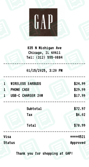 GAP Receipt Example - Electronics Purchase