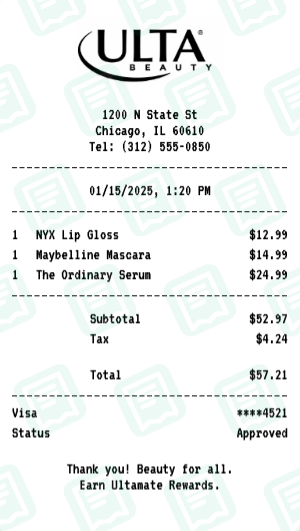 Ulta Beauty receipt preview - click to customize