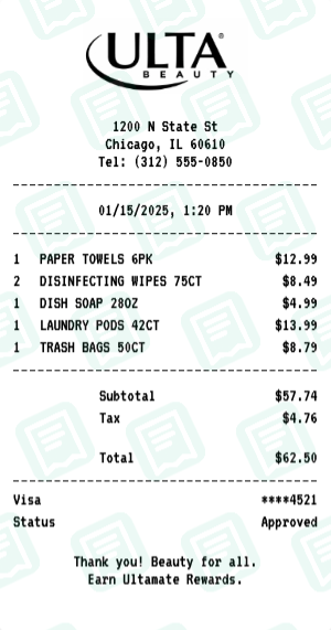 Ulta Beauty Receipt Example - Household Essentials