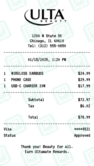 Ulta Beauty Receipt Example - Electronics Purchase