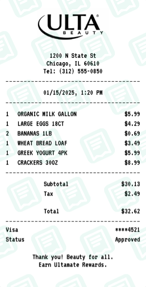 Ulta Beauty Receipt Example - Weekly Grocery Run