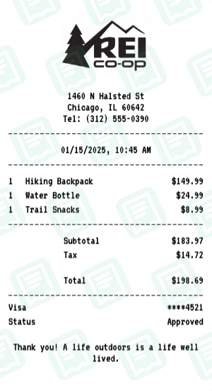 REI Co-op receipt preview - click to customize