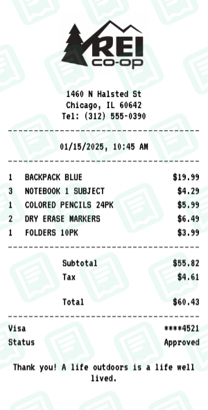 REI Co-op Receipt Example - Back to School