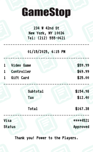 GameStop receipt preview - click to customize