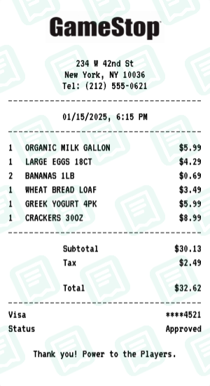 GameStop Receipt Example - Weekly Grocery Run