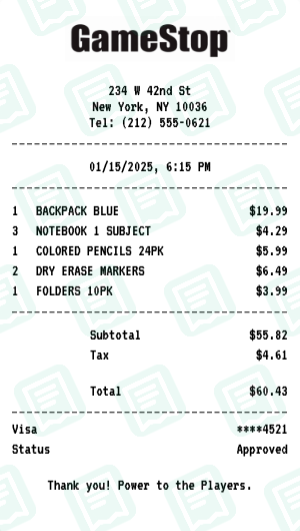 GameStop Receipt Example - Back to School