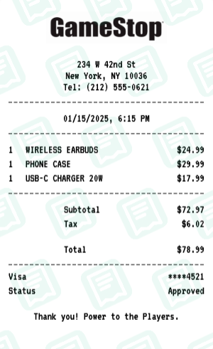 GameStop Receipt Example - Electronics Purchase