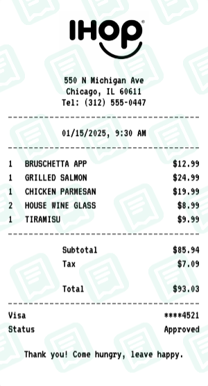 IHOP Receipt Example - Dinner for Two