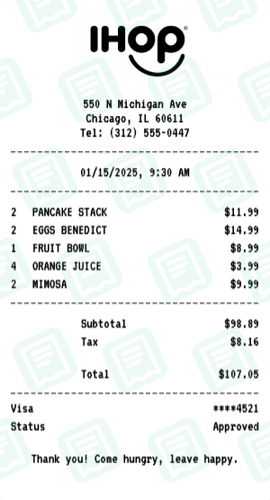 IHOP Receipt Example - Family Brunch