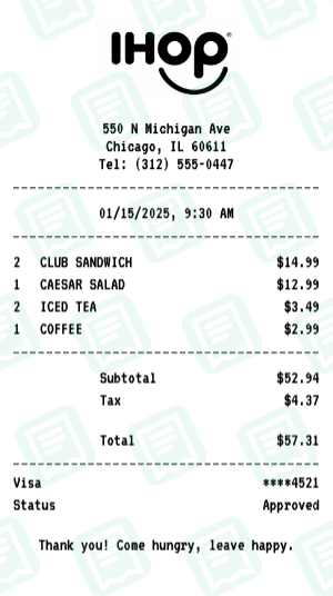 IHOP Receipt Example - Business Lunch