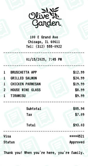 Olive Garden Receipt Example - Dinner for Two