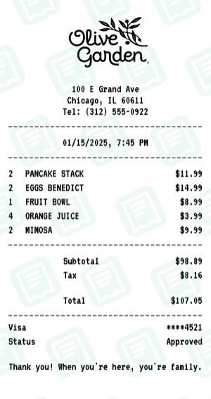 Olive Garden Receipt Example - Family Brunch