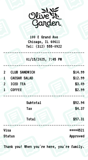 Olive Garden Receipt Example - Business Lunch
